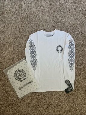 Chrome Hearts White Long-Sleeve Shirt with Black Sleeve Graphics